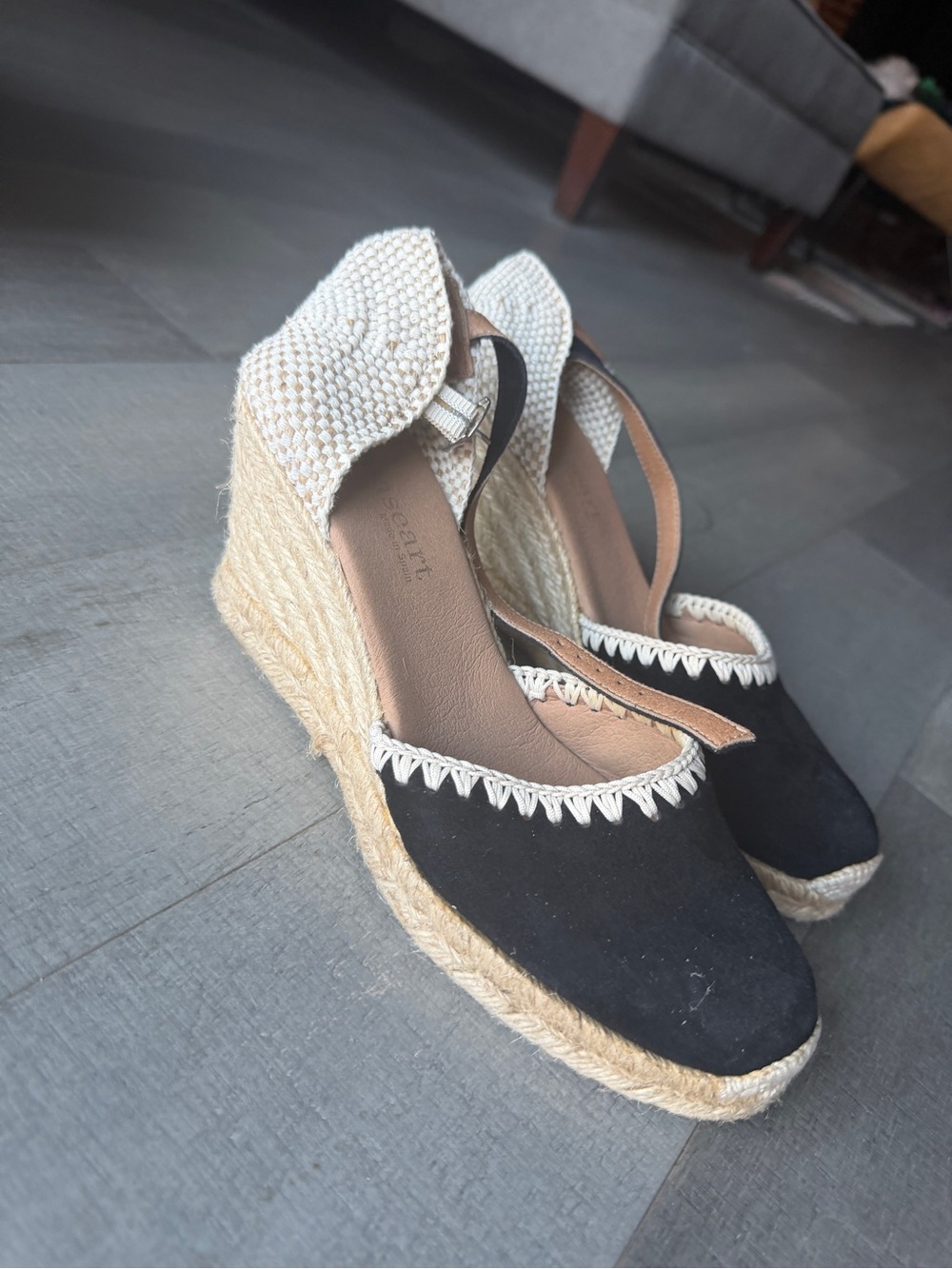 MADE IN SPAIN Black Espadrille Wedge Sandals with White Trim and Ankle Strap